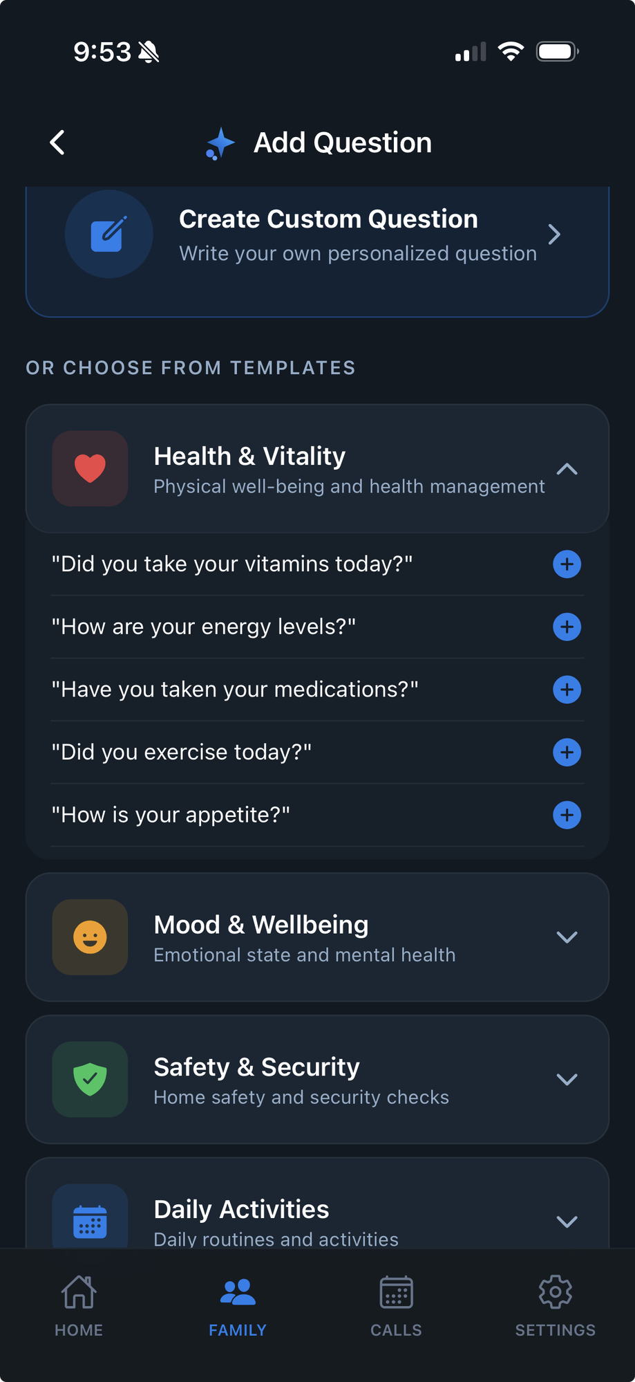 FamilyPulse custom questions screen with health, mood, and safety categories