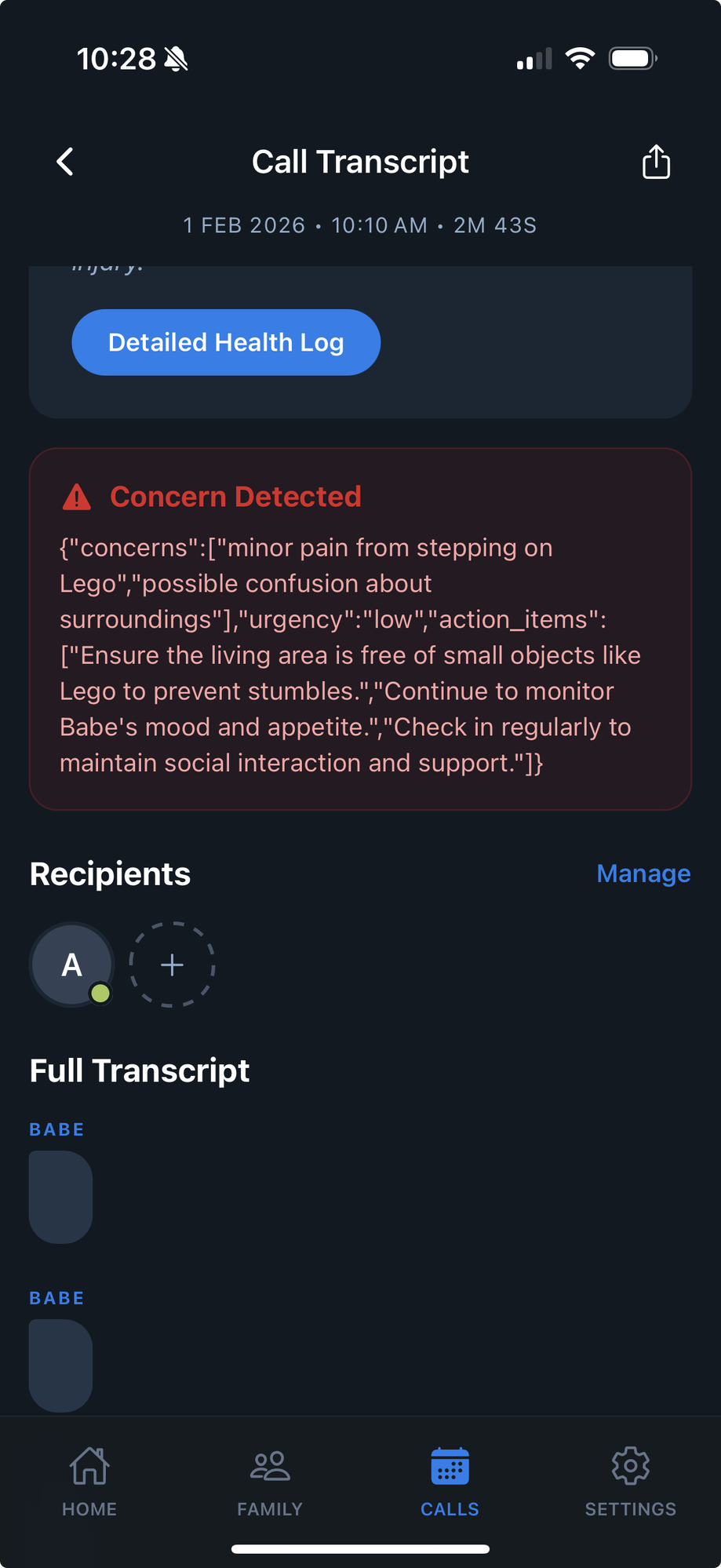 FamilyPulse call transcript showing AI analysis and concern detection